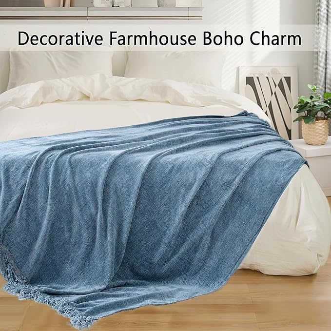 Chenille Throw Blanket for Couch 50"X 60", Soft Cozy Throws with Fringe Tassel for Bed Sofa Chair Cover, Lightweight Knitted Decorative Boho Blankets for Living Room, Dusty Blue