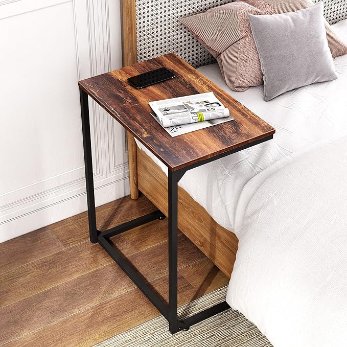 WLIVE C-Shaped End Table, Small Side Tables for Sofa, Wide Couch Table That Slide Under, Laptop Snack Table for Living Room, Bedroom, Home Office, Retro Brown