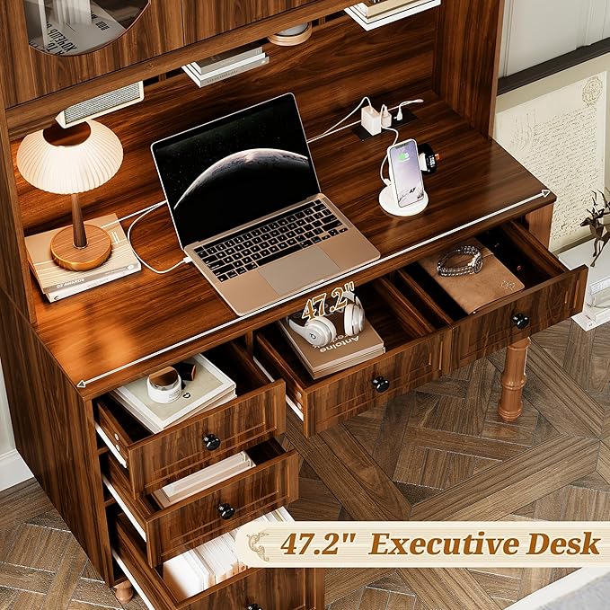 Merax 47'' Executive Desk with Charging Station and Hutch, Home Office Desk with 5 Drawers and Glass-Door Bookshelf, Retro Computer Desk for Study, Bedroom Office Furniture, Walnut