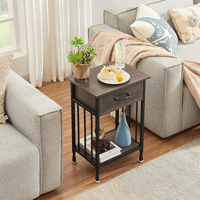 VECELO Nightstands Set of 2, Industrial Side Table/End Tables with Drawer and Storage Shelf, Night Stands for Bedroom, Living Room, Wood Metal Furniture, Easy Assembly