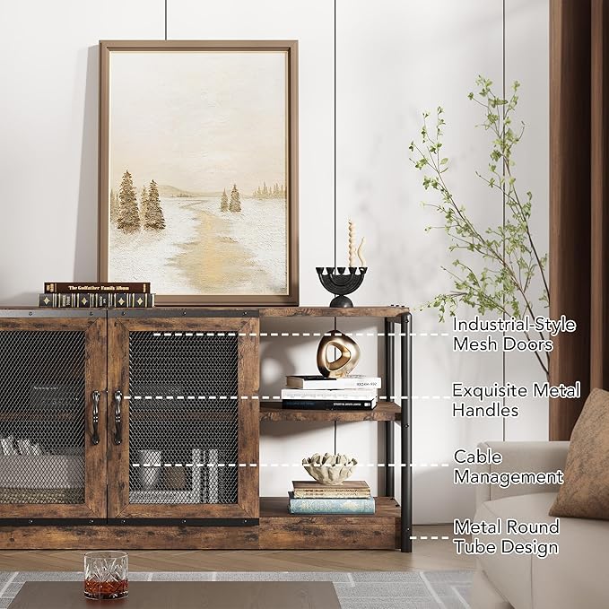 GarveeHome Farmhouse TV Stand for 65/75 inch TV, Entertainment Center with Storage Cabinet, Industrial TV Console Cabinet with Mesh Doors, 63" Rustic TV Media Console Table for Living Room, Vintage
