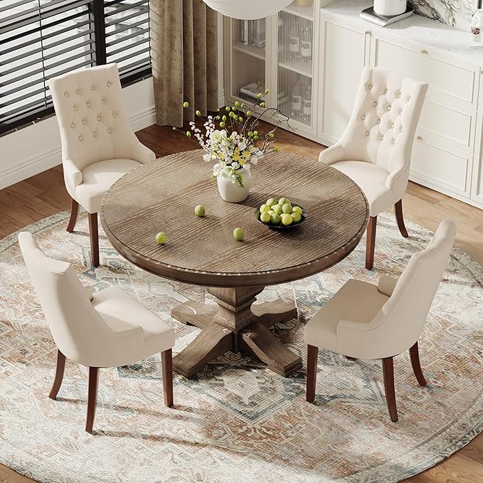 COLAMY Fabric Side Dining Chairs Set of 4, Wingback Upholstered Dining Room Chairs with Tufted Button, Living Room Chairs for Home Kitchen, Beige