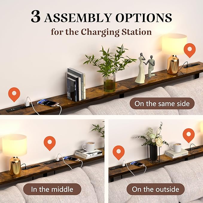 GRLEAF 70" Sofa Table with Built-in Power Strip (4 AC Outlets & 4 USB Ports) – 4.9ft Power Cord, Metal Frame, Easy Assembly, Long Couch Table Behind Sofa, Living Room and Home Office | Rustic Brown