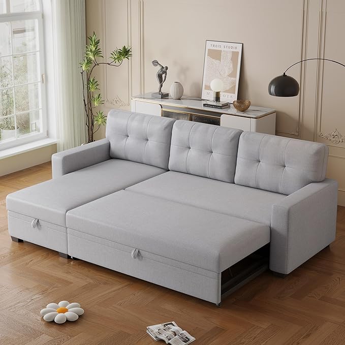 Ball & Cast L-Shape Convertible Sectional Sleeper Sofa Bed 4 in 1 Pull Out Couch with Reversible Storage Chaise & Removable Back Cushions,Sleeper Corner Couch Pull Out Sofa Bed for Living Room,Office
