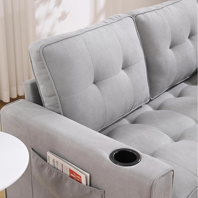 ERYE Modern Upholstered Loveseat Sofa Foldable Convertible Floor Sofabed W/Cupholders and Pockets, 3 Fold Tufted Futon Lounge Sofa with Pull Out Sleeper Couch Bed for Living Room Bedroom Studio