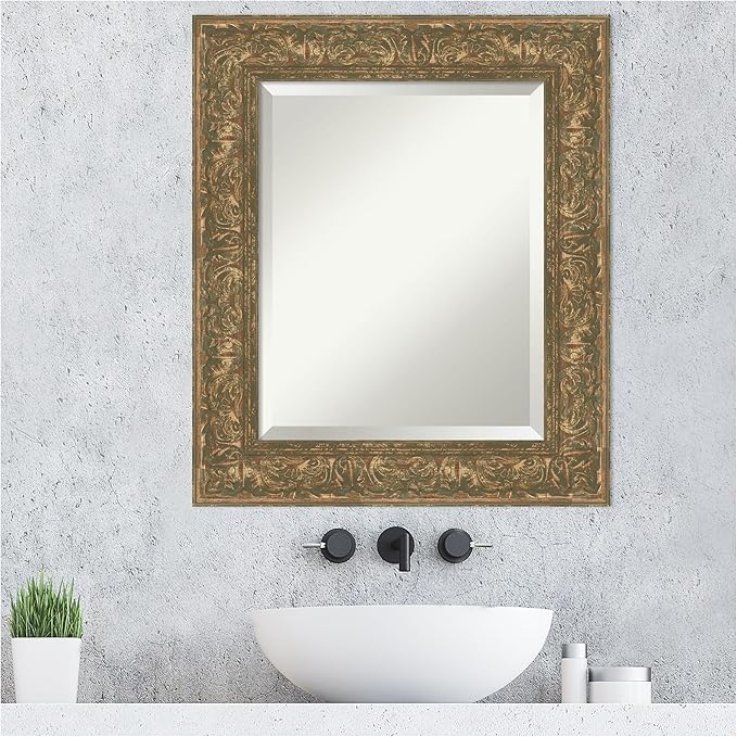 Amanti Art Bronze Bathroom Mirror for Over Sink, 27x23 Luxe Bronze Gold Rectangle Vanity Mirror, Small Traditional Frame, Hangs Horizonally and Vertically, Bathroom Wall Decor, Beveled Edge