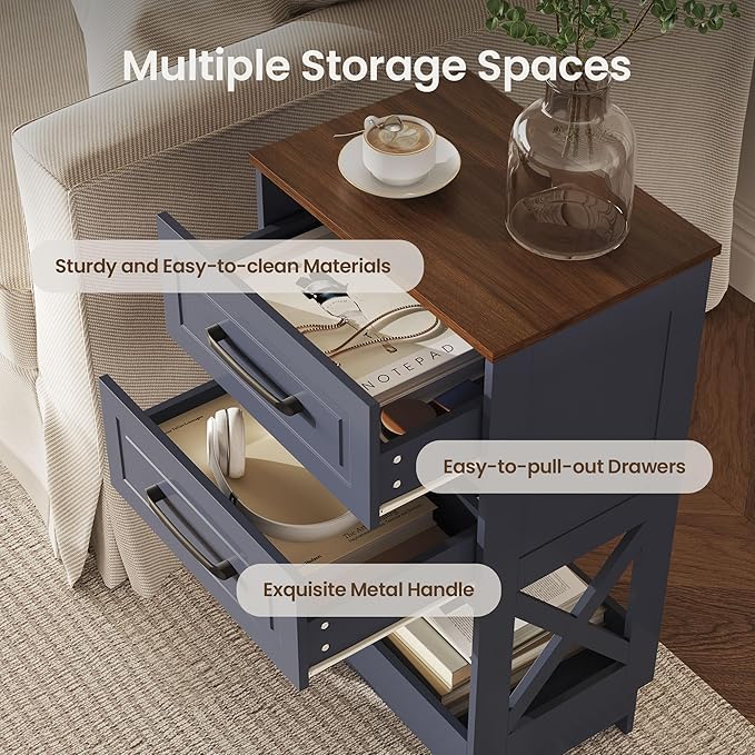 Tall Nightstand Set of 2 Side Table with 2 Drawers Modern Night Stand Wooden Rustic End Table Bedside Table with Below Open Shelf Solid Feet for Bedroom, Living Room, Navy Blue+Walnut