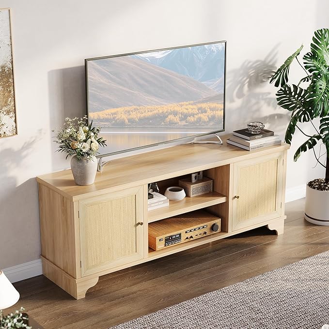 GarveeHome Rattan TV Stand for Living Room, Boho Entertainment Center for 55, 65, 70 Inch TV, Wooden Console Cabinet with Storage and Shelf, Natural Oak