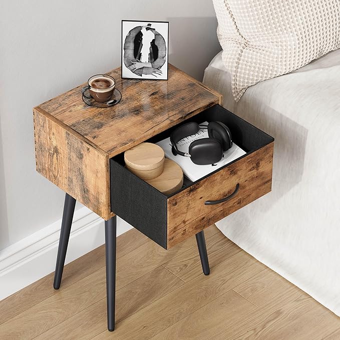 Small Nightstands Set of 2, Bedside Table with Fabric Drawer, Idustrial End Table with Metal Leg, Couch Side Table for Bedroom Living Room, Sofa, Office Rustic Brown LNT504R