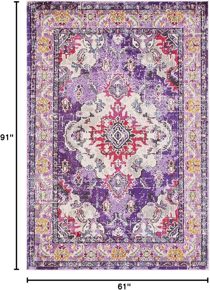 SAFAVIEH Monaco Collection Area Rug - 5'1" x 7'7", Violet & Fuchsia, Boho Chic Medallion Distressed Design, Non-Shedding & Easy Care, Ideal for High Traffic Areas in Living Room, Bedroom (MNC243P)