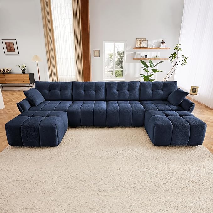 Modern Chenille Fabric 4-Seat Sofa w/Two Ottoman+2 Pillows, Premium Upholstery Living Room Couch with Tufted Backrest & Comfortable Armrests and High-Resilience Memory Foam Cushions,Blue