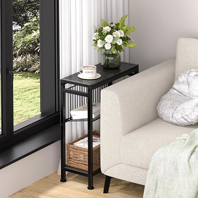 End Table for Small Space, 3-Tier Narrow Side Table with Magazine Holder, Nightstand, Skinny Snack Couch Table in Living Room, Bedroom Study and Balcony (Black)