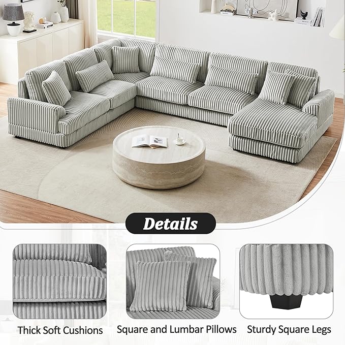 129" Oversized U Shaped Modular Sectional Sofa Couch for Living Room 7 Seater Plush Corduroy Upholstered Large Sofa Deep Seat Cloud Couch with Extra Wide Chaise Lounge and Detachable Thick Cushions