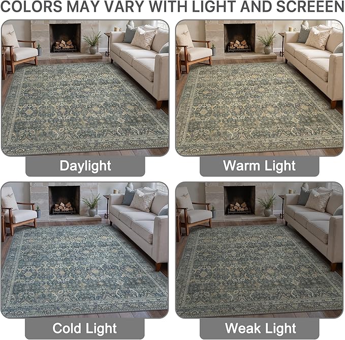 10X14 Area Rugs Machine Washable Rugs for Living Room, Vintage Boho Large Rugs for Bedroom Dining Room, Non Slip Indoor Soft Distressed Lightweight Thin Low Pile Carpet, Deep