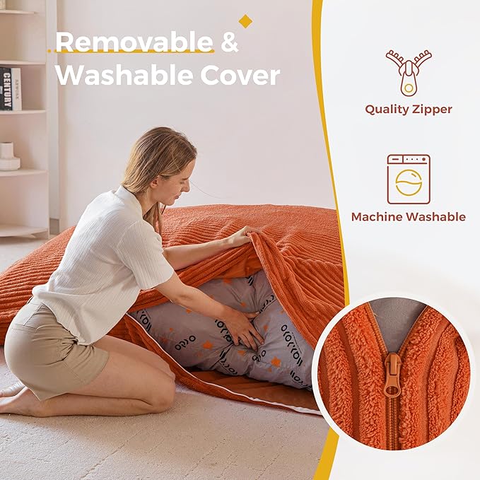 MAXYOYO Giant Bean Bag Chair with Pillow, 3 in 1 Convertible Bean Bag Chair for Adults with Washable Cover, Removable Floor Cushion Stuffed Floor Lounger for Living Room Bedroom, Orange, Full