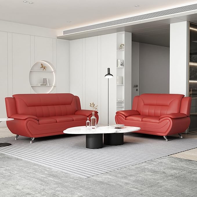 Container Furniture Direct Michael Modern Faux Leather Upholstered Stainless Steel Legs Living Room Sofa, Red