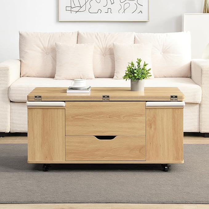Merax Multi-Functional Lift-Top Coffee Table with Hidden Storage and Stools,Multi-Function Modern Center Table with 4 Stools and Casters,Perfect for Modern Living Spaces, Natural & White