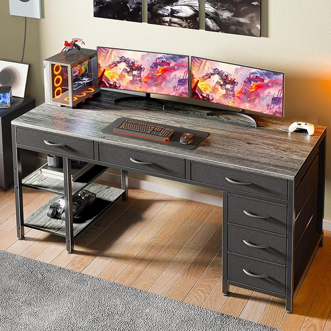 Huuger Computer Desk with 6 Drawers, 47 Inch Office Desk with Shelves, Reversible Gaming Desk, Corner Desk with Storage, Work for Home Office, Study, Living Room, Gray