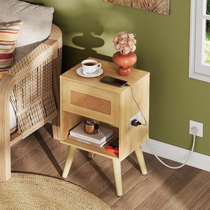 WLIVE Rattan Nightstands Set of 2 with Charging Station, Boho Nightstand, Wood Side Table, Small End Table with Drawers for Bedroom, Natural Oak