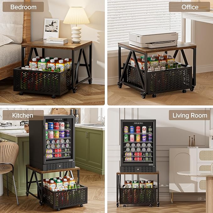 Urban Deco Mini Fridge Stand with Storage, Heavy Duty Fridge Cart with Drawer Basket, Mini Refrigerator Table for 220 LBS, Mobile Fridge Stand with Swivel Wheels for Dorm,Office,Home,Retro Brown
