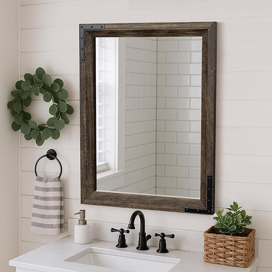 YOSHOOT Farmhouse Bathroom Mirror, Rustic Wooden Framed Mirror, Wood Vanity Mirror, Solid Wood & Handmade, Vertical or Horizontal Hanging for Bathroom Entryway Living Room Bedroom, 40" x 30", Brown