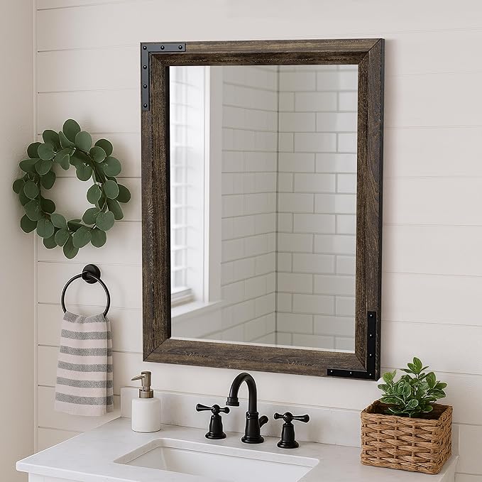 YOSHOOT Farmhouse Bathroom Mirror, Rustic Wooden Framed Mirror, Wood Vanity Mirror, Solid Wood & Handmade, Vertical or Horizontal Hanging for Bathroom Entryway Living Room Bedroom, 32" x 24", Brown