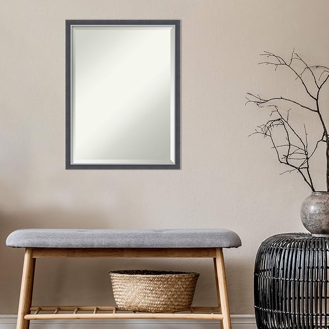 Amanti Art Black Bathroom Mirror for Over Sink, 26x20 Eva Black Silver Thin Rectangle Vanity Mirror, Medium Modern Contemporary Frame, Hangs Horizonally and Vertically, Bathroom Wall Decor, Beveled