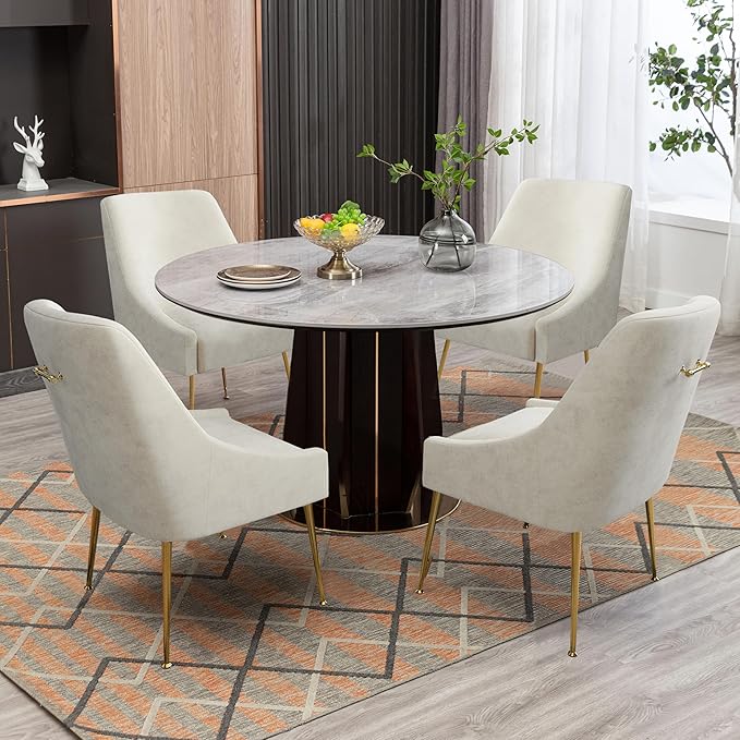 Modern Velvet Dining Chairs Set of 6, Contemporary Upholstered Furniture Collection with Polished Gold Metal Legs, Elegant Accent Chairs for Kitchen Living Room(White)