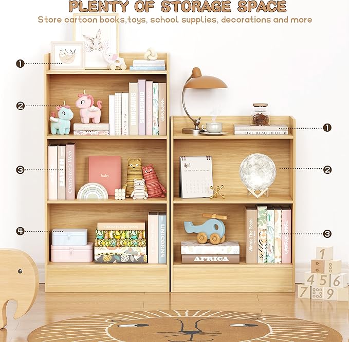 Lkeiyay Kids Bookshelf,Wooden Storage Shelf Organizer,4-Tier Montessori Kids Shelf,Wooden Storage Cabinet Shelves for Kids Room,Playroom(Natural)