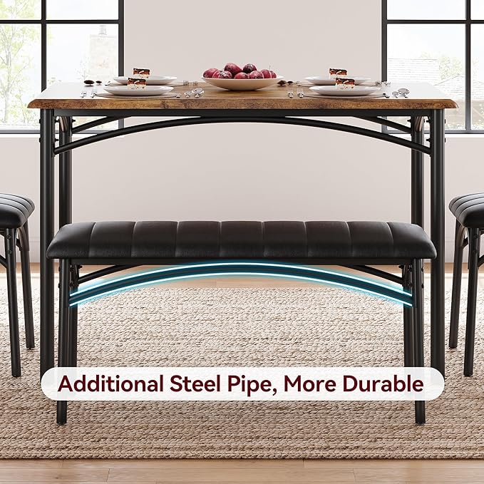 Garvee Dining Table Set for 4, Kitchen Table with Upholstered Bench and 2 Chairs, 4-Piece Wooden Dining Table Set for Apartment, Dining Room, Small Space, Brown