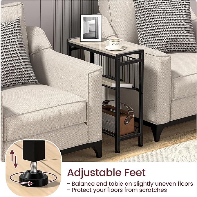 Narrow Side Table for Small Space, 3-Tier End Table with Magazine Holder, Slim Nightstand with Wire Shelf, Skinny Bedside Table in Living Room, Bedroom, Study, Kitchen and Balcony(Greige)