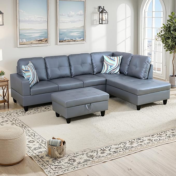 NicBex Sectional Couch 3 Pieces Sofa Set with Left Chaise Synthetic Leather L Shaped Cloud Couch for Living Room Furniture Sets with Storage Ottoman, Modular Sofa for Apartment, Silver Gray