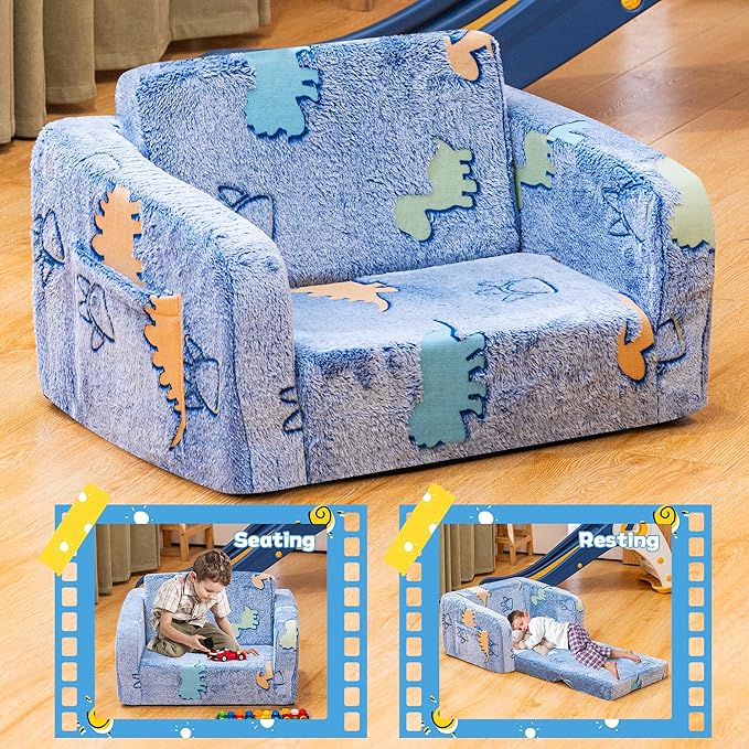 Lamerge 2-in-1 Soft Toddler Couch Fold Out,Foldable Toddler Chair, Glow in The Dark Kids Sofa for playroom,Convertible Foam and Floor Cushion for Boys and Girls (Blue and Dinosaur)