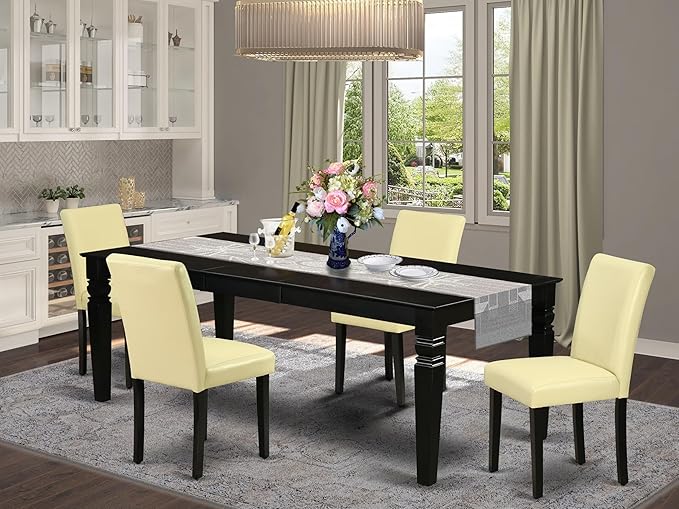 East West Furniture LGAB5-BLK-73 5 Piece Dining Set Includes a Rectangle Dining Room Table with Butterfly Leaf and 4 Eggnog Faux Leather Upholstered Parson Chairs, 42x84 Inch, Black