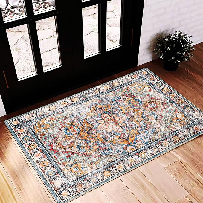 2'x3' Washable Area Rug Door Mat Vintage Doormat Indoor Entrance Traditional Thin Floral Print Non Slip Carpet for Kitchen Bathroom Bedroom Living Room