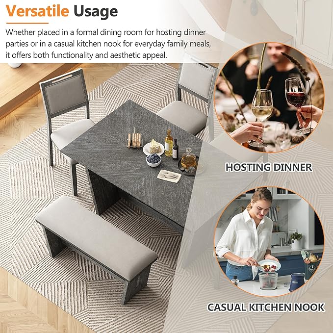 Merax 6-Piece Retro Dining Set, 1 Rectangular Table with Stable Trapezoidal Table Base and 4 Upholstered Chairs and 1 Bench for Dining Room and Kitchen, Antique Gray