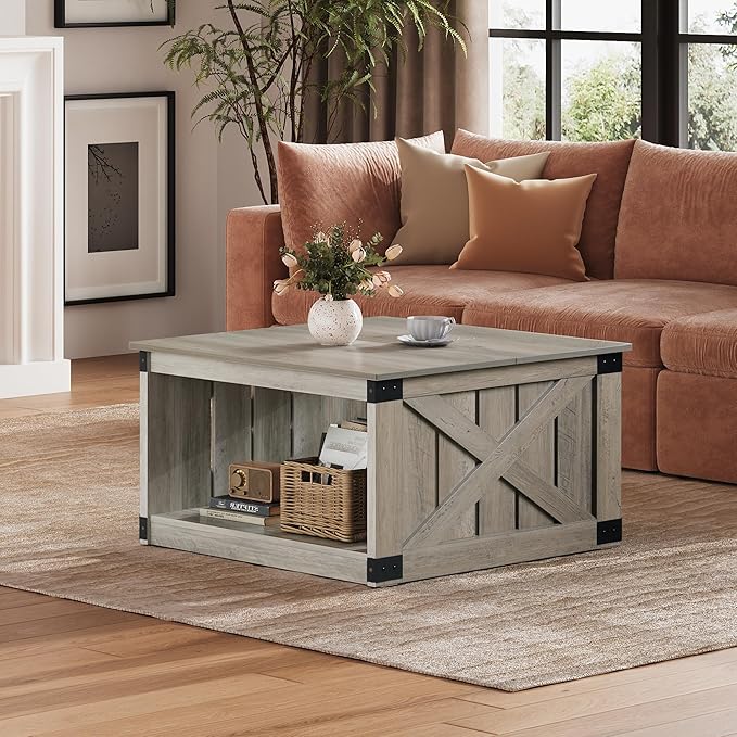 WLIVE Coffee Table, Farmhouse Coffee Table with Open Storage, 31.5" Wood Square Living Room Tables, Rustic Dining Cocktail Center Table for Living Room, Greige
