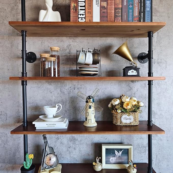 Pipe Industrial Shelves, Wall Mounted Wood Metal Ladder Rustic Bookshelf (Walnut Color, 6 Tier - 10" D x 30" W x 82.5" H)