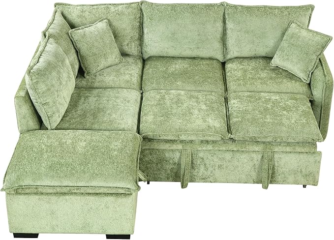 Ball & Cast 82.67" L-Shaped Sectional Pull Out Sofa with Two USB Ports,4-Seater Convertible Couch w/Power Sockets and Movable Storage Ottoman,for Living Room,Apartment,Green