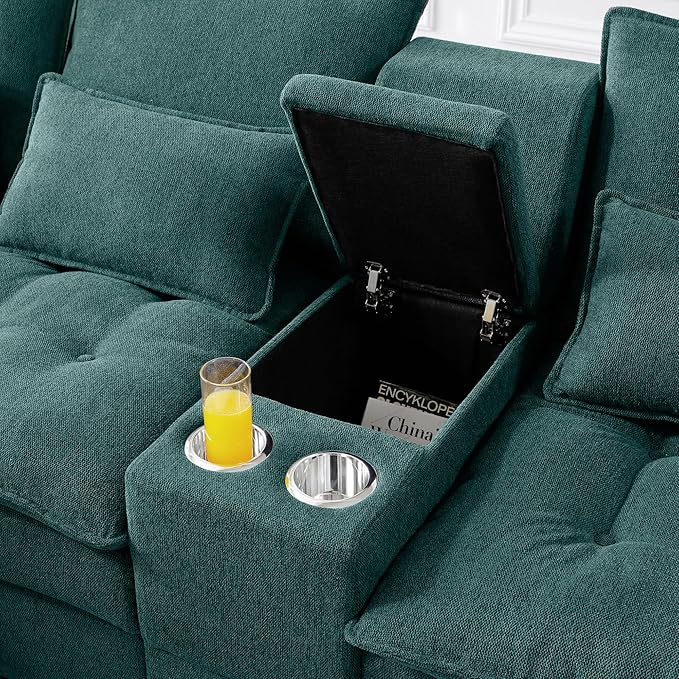 KEIKI 130" U-Shaped 6 seat Sofa with Storage Console, Cup Holders, Upholstered Sectional Sofa, Button Tufted Cloud Cushion Couch for Home, Office, Apartment, Green