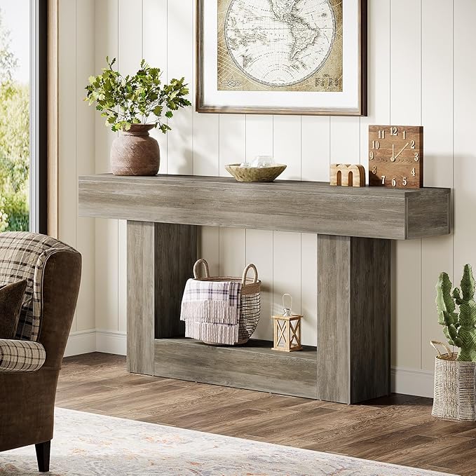Tribesigns 63" Console Table, Farmhouse 2-Tier Entryway Table with U-Shaped Base, Narrow Long Wood Sofa Table Behind Couch Table for Living Room, Hallway, Foyer, Light Gray