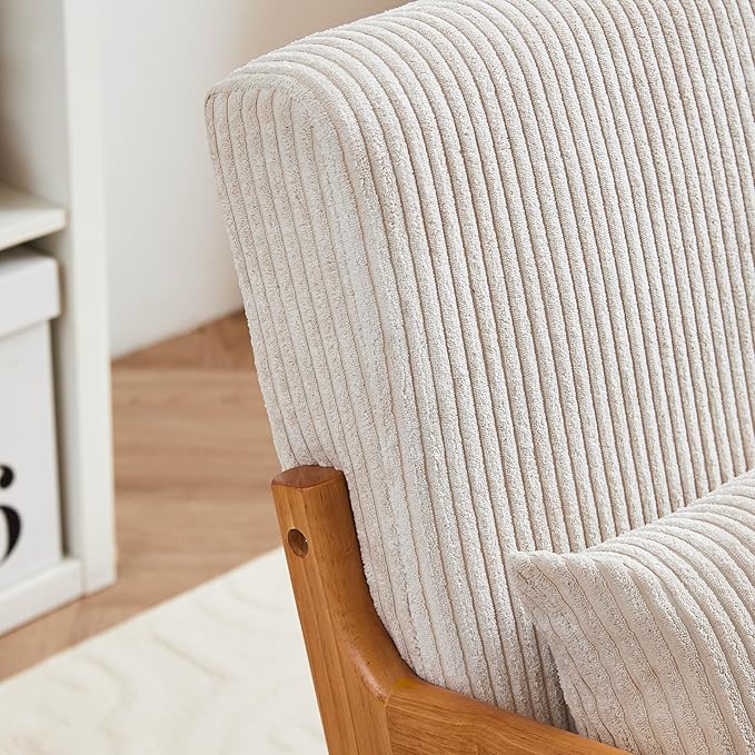 Ball & Cast Living Room Chair with Pillow,Mid-Century Modern Armchair w/Solid Wood Frame & Extra-Thick Backrest,Upholstered Reading Accent Chair for Bedroom,Beige