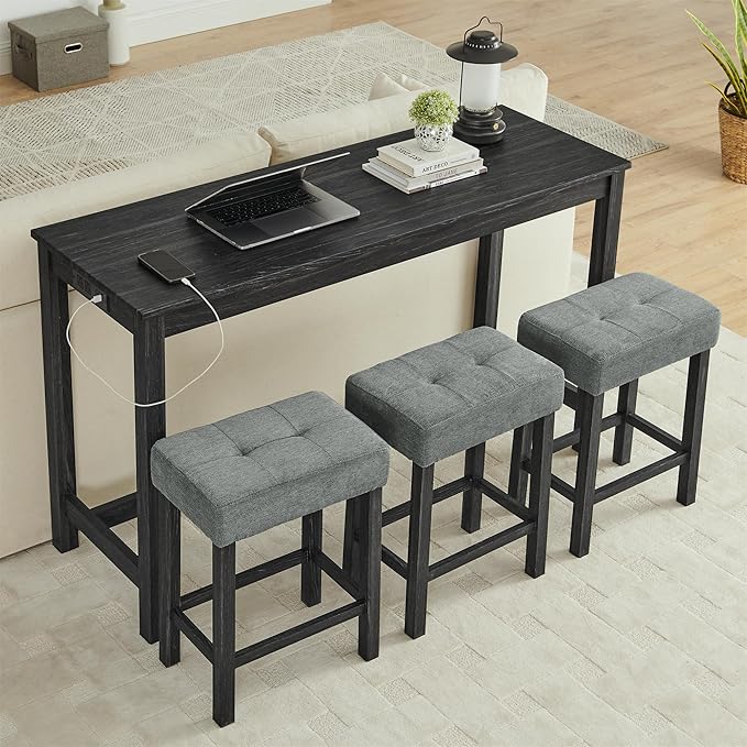 Ball & Cast 4 Piece Kitchen Dining Room Table and Chairs Set, Farmhouse Wooden Counter Height Bar-Sets w/USB Ports & Power Outlet & 3pcs Stools, 59" Sofa-Table Barstool w/Charging Station, Black