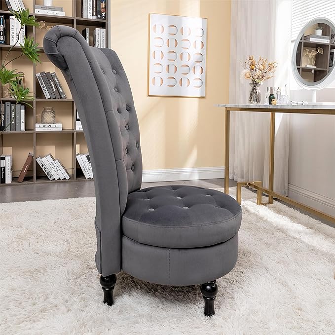 Container Furniture Direct Royal High-Back Velvet Accent Chair for Vanity with Storage and Luxurious Upholstery, Retro Design and Versatile Usage for Livingroom, Bedroom, Lounge and Office, Grey