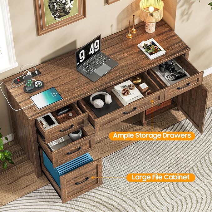Farmhouse 61'' Executive Desk with 5 Drawers, Rustic Office Desk Computer Desk with Charging Station, File Drawers and Storage Cabinet, Wood Workstation for Study and Home Office, Red-Brown.