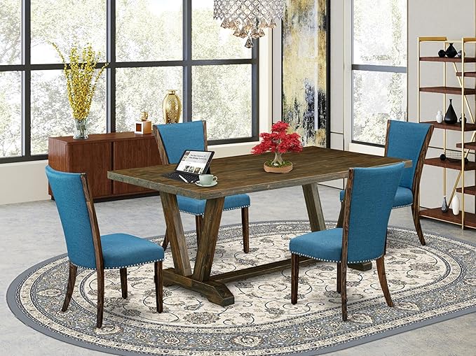 East West Furniture V777VE721-5 5 Piece Dining Set Includes a Rectangle Dining Room Table with V-Legs and 4 Blue Color Linen Fabric Upholstered Parson Chairs, 40x72 Inch, Multi-Color