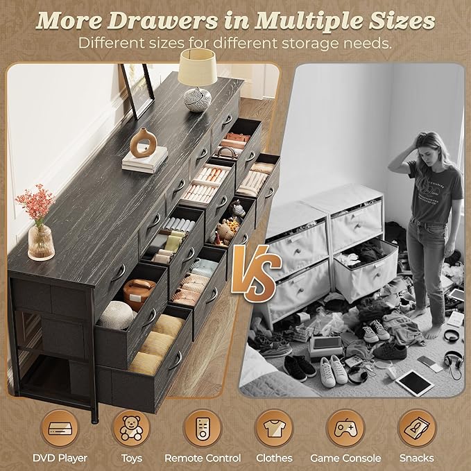 Huuger 70 Inch Dresser for Bedroom, TV Stand for 65, 75, 80 Inch TV, 13 Fabric Drawer Long Dresser, Large Entertainment Center for Bedroom, Wide Chest of Drawer with Storage, Charcoal Black