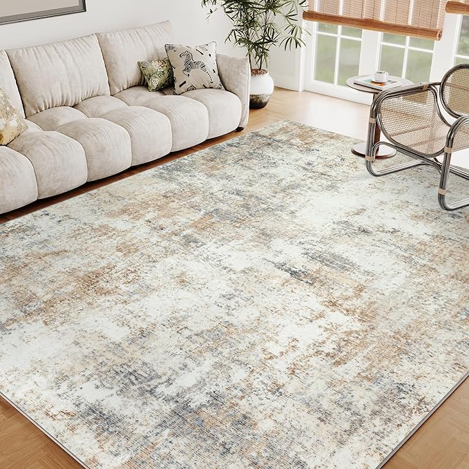 10x14 Washable Area Rug Gold Grey Neutral Abstract Living Room Bedroom Large Throw Rug Non Slip Soft Low Pile Indoor Floor Carpet for Dining Room Kitchen Office Entryway
