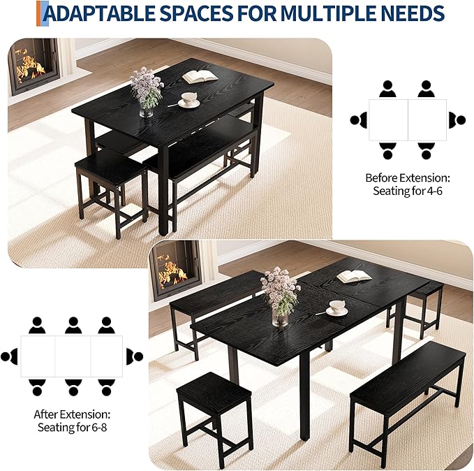IDEALHOUSE 5-Piece Extendable Dining Table Set for 4-8 People, 63 Inch Kitchen Table with 2 Benches & 2 Stools, Space Saving Modern Dining Room Furniture, Easy Assembly, Black