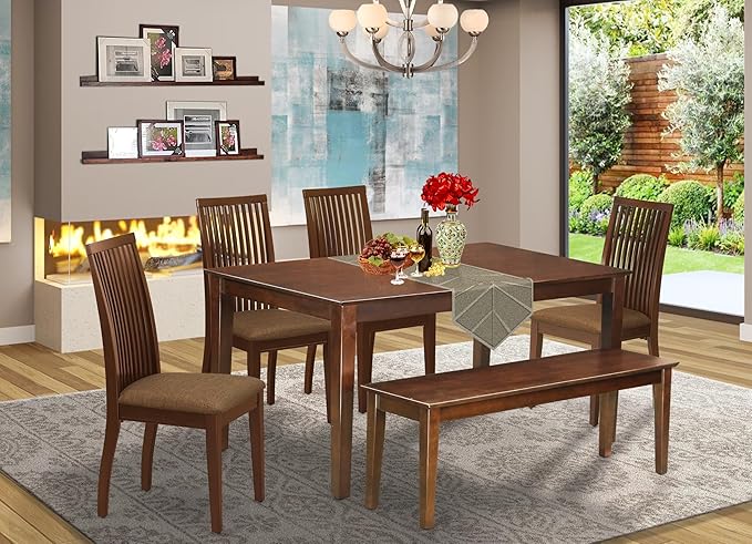 East West Furniture CAIP6-MAH-C 6 Piece Modern Dining Table Set Contains a Rectangle Wooden Table and 4 Linen Fabric Upholstered Chairs with a Bench, 36x60 Inch, Mahogany